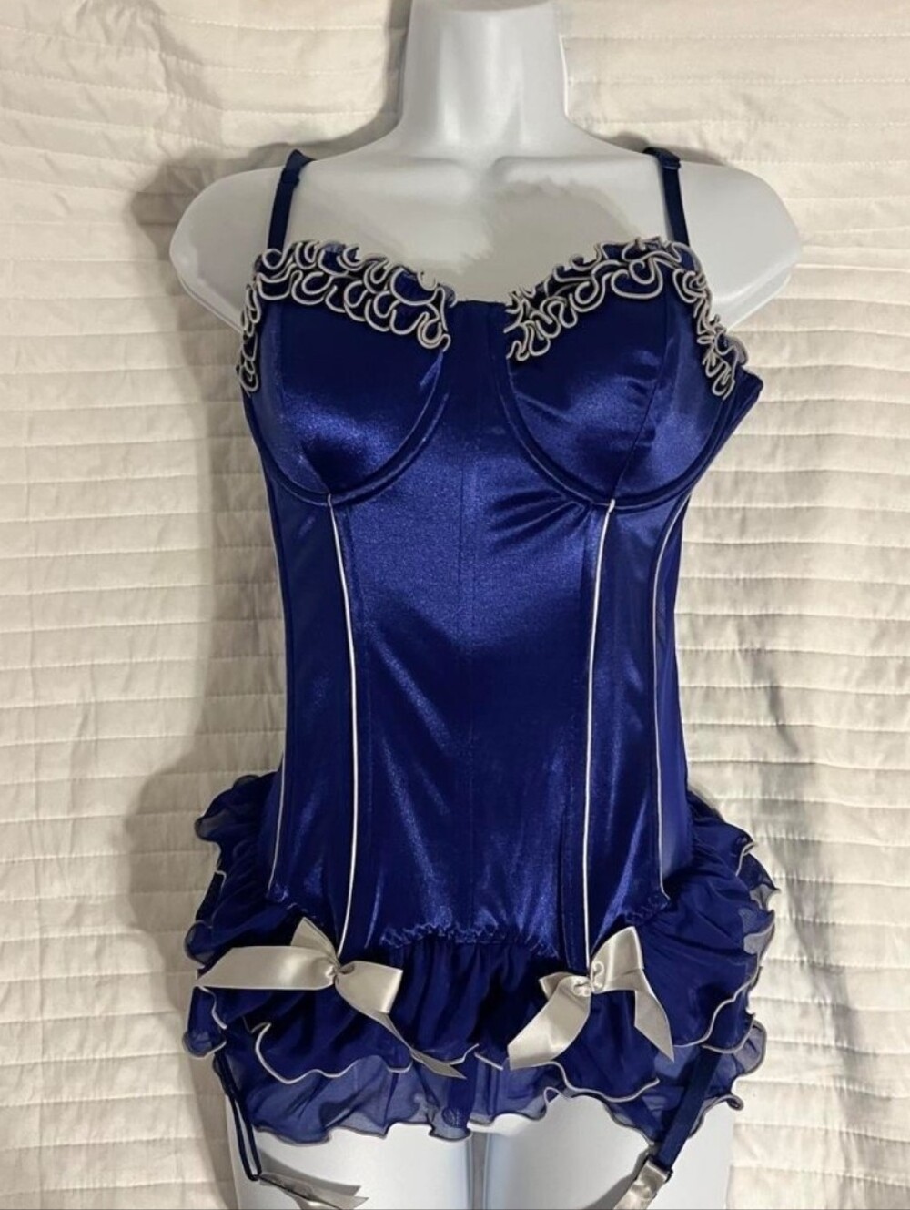 Frederick's of Hollywood Royal Blue Satin Corset Babydoll with White Ribbon